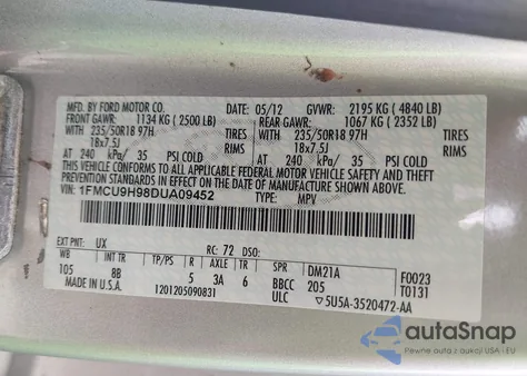 2013 Ford Escape Sel from USA, damaged, VIN 1FMCU9H98DUA09452